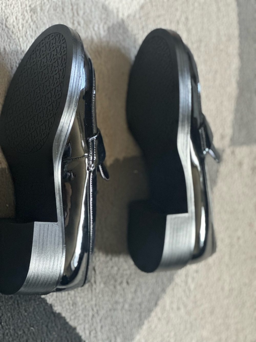 DKNY Black Patent Leather Penny Loafers with Gold Logo - Picture 4 of 4